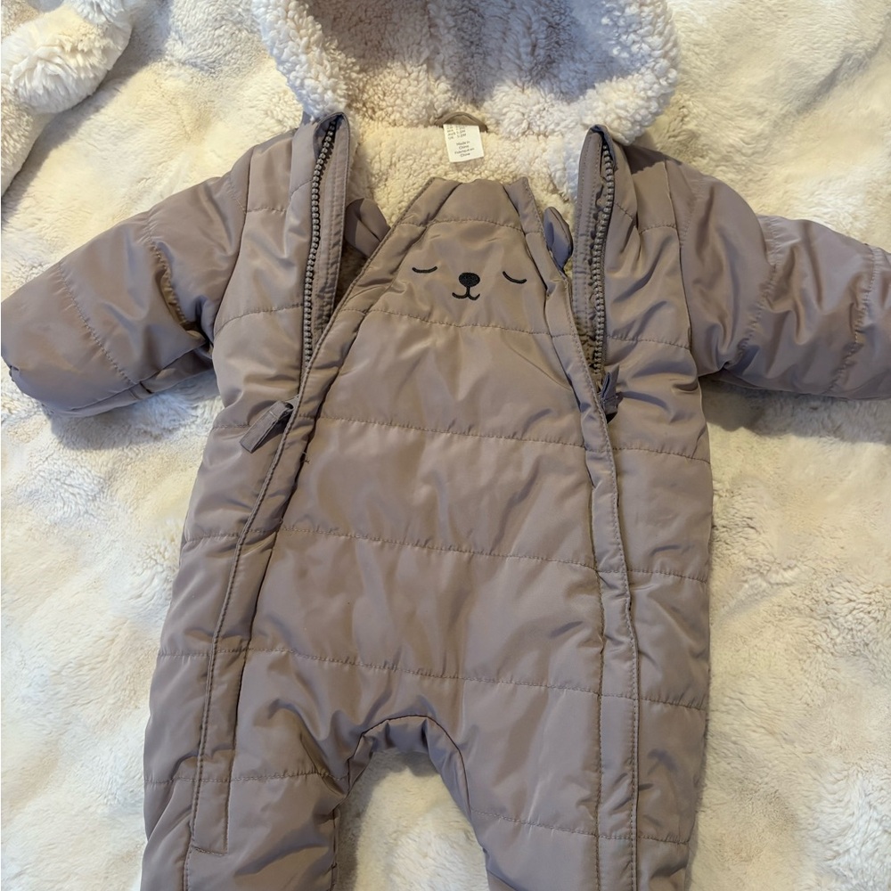 Cozy H&M Baby Puffer Snowsuit with Bear Face - Taupe